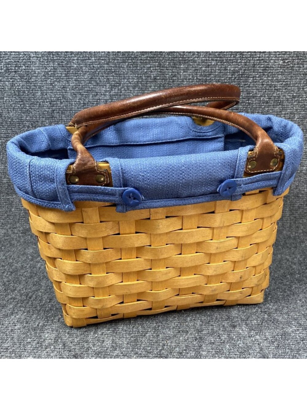 Longaberger Medium Boardwalk Basket Purse Leather Handles Blue Liner Protector